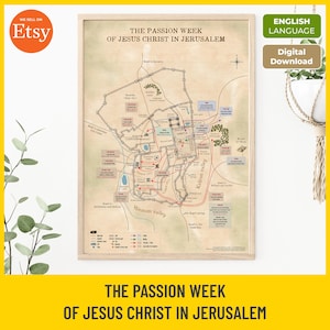 Mapa da Semana da Paixão de Jesus Cristo | Mapa da Bíblia da Semana Santa | Viagem a Jerusalém para impressão | Arte de parede da Páscoa cristã | Download digital