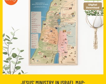 May include: A framed map titled Map & Sites of Jesus' Ministry in Israel, featuring geographical regions, historical locations, and small illustrations. The map includes text references to the Gospels of Matthew, Mark, Luke, and John.