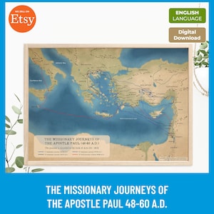 May include: A framed map titled The Missionary Journeys of the Apostle Paul 48-60 A.D. featuring the Mediterranean region with colored lines tracing travel routes, geographical labels, and a legend explaining the journeys recorded in Acts 13-28.
