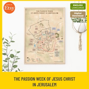 Puede incluir: Un mapa enmarcado titulado The Passion Week of Jesus Christ in Jerusalem, que muestra rutas históricas detalladas, puntos de referencia y etiquetas geográficas en texto negro sobre un fondo beige, con flechas rojas que indican las rutas por la ciudad.