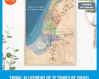 May include: A framed map titled Tribal Allotment of 12 Tribes of Israel, printed on canvas. The map features a light brown parchment background, a blue Mediterranean Sea, and colored regions representing tribal territories with text labels.