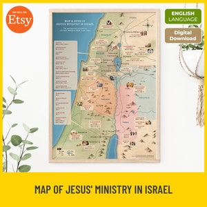 Mapa do Ministério de Jesus em Israel, Mapa Bíblico para Imprimir, Geografia do Novo Testamento, Ensino de Estudo Bíblico, Arte de Parede Cristã, Download Digital