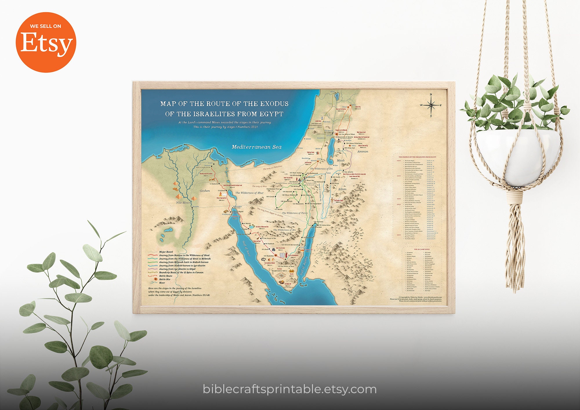 Map of the Route of the Exodus of the Israelites From Egypt, Bible Map