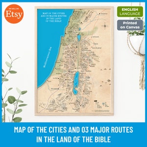 Kaart van steden en 3 belangrijke routes in het land van de Bijbel, afdrukbare bijbelkaart, oude wegen, oude testament, christelijke muurkunst, canvasafdruk