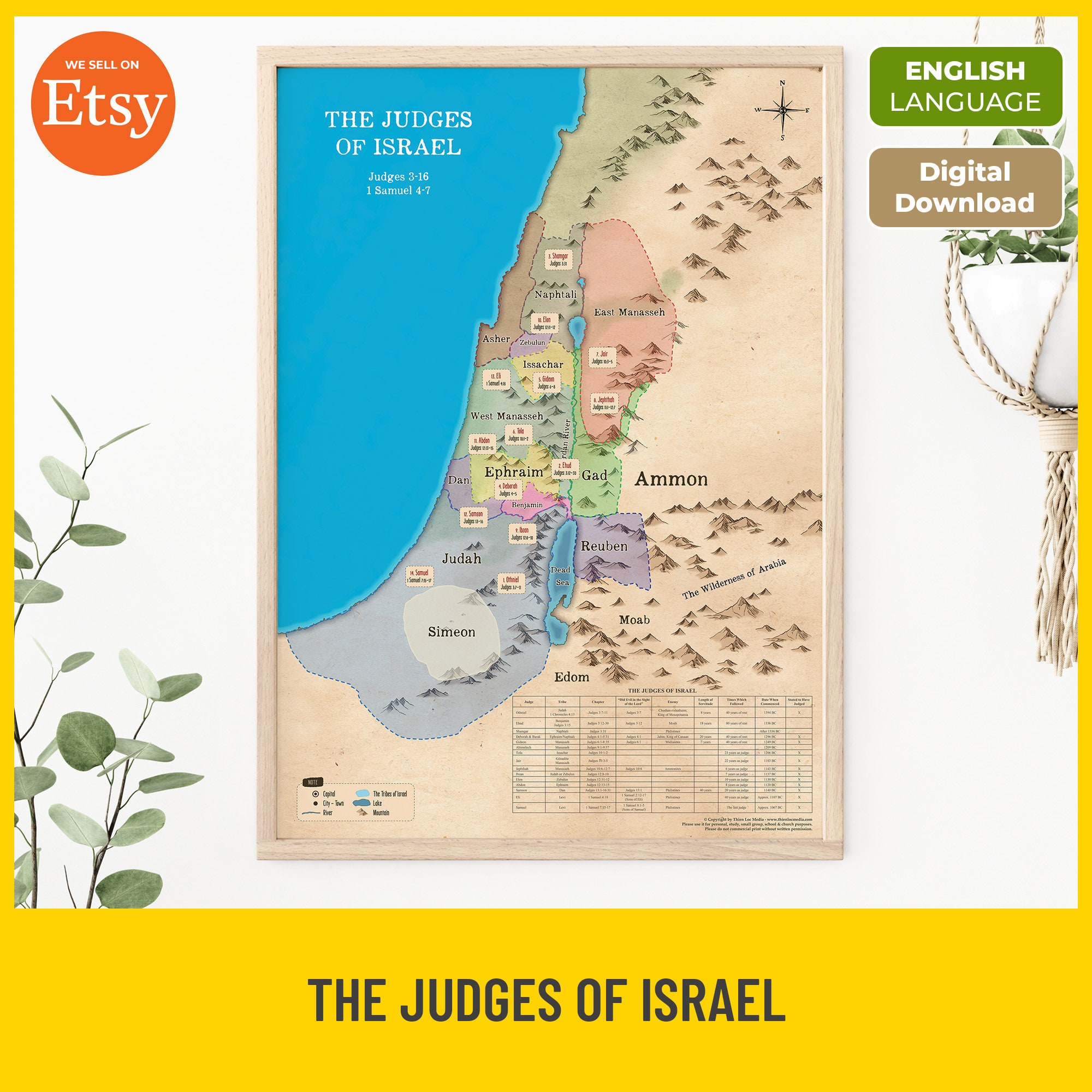 Judges of Israel Bible Map, Printable Bible Map, Old Testament Study, Biblical Judges Locations, Christian Learning, Instant Download