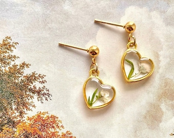 Heart Stud Earrings, Gold Hearts, Wildflower Earrings, Gold Plated Studs, Valentines Day, Dainty Earrings, Lightweight, Real Pressed Flowers