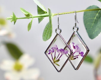 Purple Pressed Flower Earring, Silver Diamond Bezel, Real Flower Dangly Earring, Resin Earrings