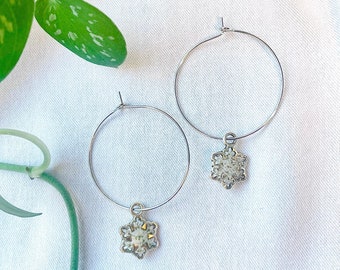 Snowflake Hoop Earrings, Sparkly Charm Earrings, Sterling Silver, Real Pressed Flowers, Queen Anne's Lace, Winter Holiday Jewelry, Botanical