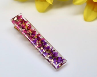 Real Pressed Flower Barrette, Pink/ Purple Hair Clip, Real Pressed Flowers, Resin Hair Clip, Hair Accessory