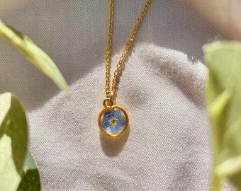 Forget Me Not Collar, Dainty Circle Frame, Tiny Pendant, Gold Plated Box Chain, Real Pressed Blue Flower, Lightweight, UV Resin Necklace