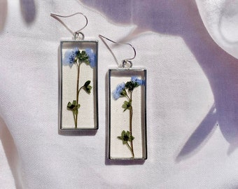 Forget Me Not Earrings, Long Rectangle, Sterling Silver Ear Wire, Real Pressed Flowers, UV Resin Jewelry, Lightweight, Botanical Jewelry