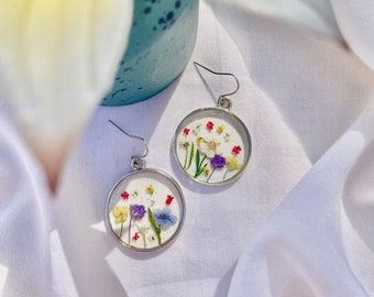 Circle Wildflower Earrings, Sterling Silver, Real Pressed Flowers, Rainbow Flower Arrangement, Lightweight, UV Resin Jewelry, Hypoallergenic