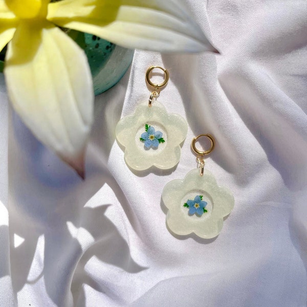 Forget Me Not Chunky Flower Earrings, UV Resin Jewelry, Gold Plated Huggie Hoops, Real Pressed Flowers & Ferns, Lightweight, Hypoallergenic