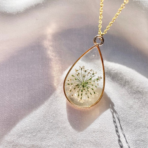 Queen Anne's Lace Necklace, Gold Teardrop Pendant, Gold Plated Box Chain, 18" Chain (Adjustable Upon Request), Real Flower, Resin Jewelry