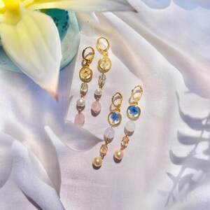 Real Flower Beaded Huggie Earrings, White Wildflower, Forget Me Nots, Lightweight, Long Earrings