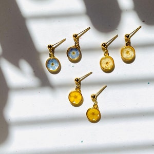 Tiny Flower Stud Earrings, Forget Me Not, Blue, Yellow, White Wildflowers, Gold Plated, Real Pressed Flowers, Resin Earrings, Gold Plated image 1