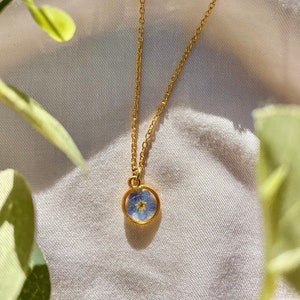 Forget Me Not Necklace, Dainty Circle Frame, Tiny Pendant, Gold Plated Box Chain, Real Pressed Blue Flower, Lightweight, UV Resin Necklace image 1