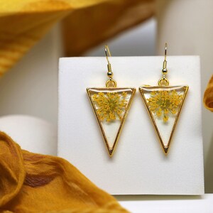 Real Wildflower Earrings, Gold Flower Triangles, Dangle Drop Earrings, Real Pressed Flowers, Resin Jewelry