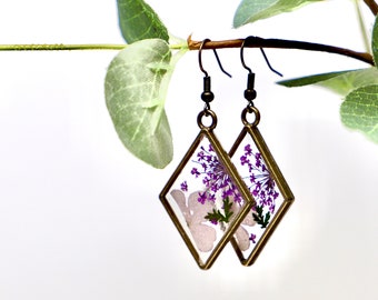 Purple Flower Diamond Earring, Real Pressed Flowers/Ferns, Bronze Bezel, Dangly Diamond Earring