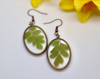 Real Fern Earrings, Bronze Oval Earrings, Real Pressed Flowers, Dangly Fern Earrings, Resin Earrings