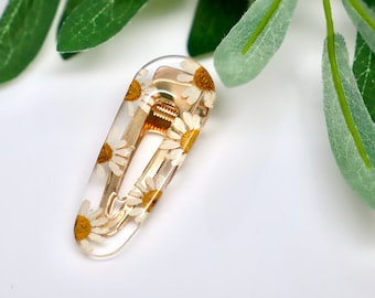 Real Pressed Daisy Resin Hair Clip, Gold Teardrop Barrette
