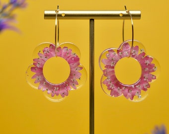 Pink Daisy Hoops, Flower Power Hoops, Chunky Pink Hoops, Real Flower Earrings, Pink Daisies, Resin Earrings, Hoop Earrings