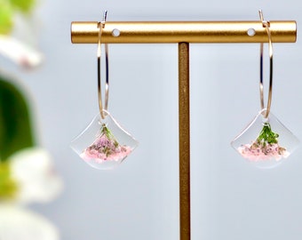 Real Flower Earrings, Pink Flower Hoops, Real Pressed Flowers, Gold Plated Hoops, Lightweight, Resin Flower Earrings, Flower Jewelry