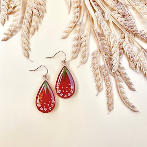 Strawberry Teardrop Earrings, Gold Plated Sterling Silver, Resin Earrings, Queen Anne&#39;s Lace, Real Pressed Ferns & Flowers, Fruity Earrings