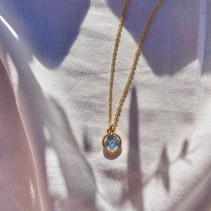Forget Me Not Necklace, Dainty Circle Frame, Tiny Pendant, Gold Plated Box Chain, Real Pressed Blue Flower, Lightweight, UV Resin Necklace image 2