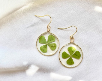 Four Leaf Clover Earrings, Real Pressed Shamrocks, Wire Wrapped, Lucky Earrings, Gold Plated Circle Frames, St. Patricks Day Jewelry, Resin