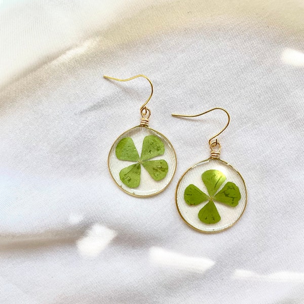 Four Leaf Clover Earrings, Real Pressed Shamrocks, Wire Wrapped, Lucky Earrings, Gold Plated Circle Frames, St. Patricks Day Jewelry, Resin