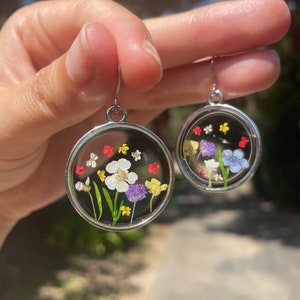 Circle Wildflower Earrings, Sterling Silver, Real Pressed Flowers, Rainbow Flower Arrangement, Lightweight, UV Resin Jewelry, Hypoallergenic image 5