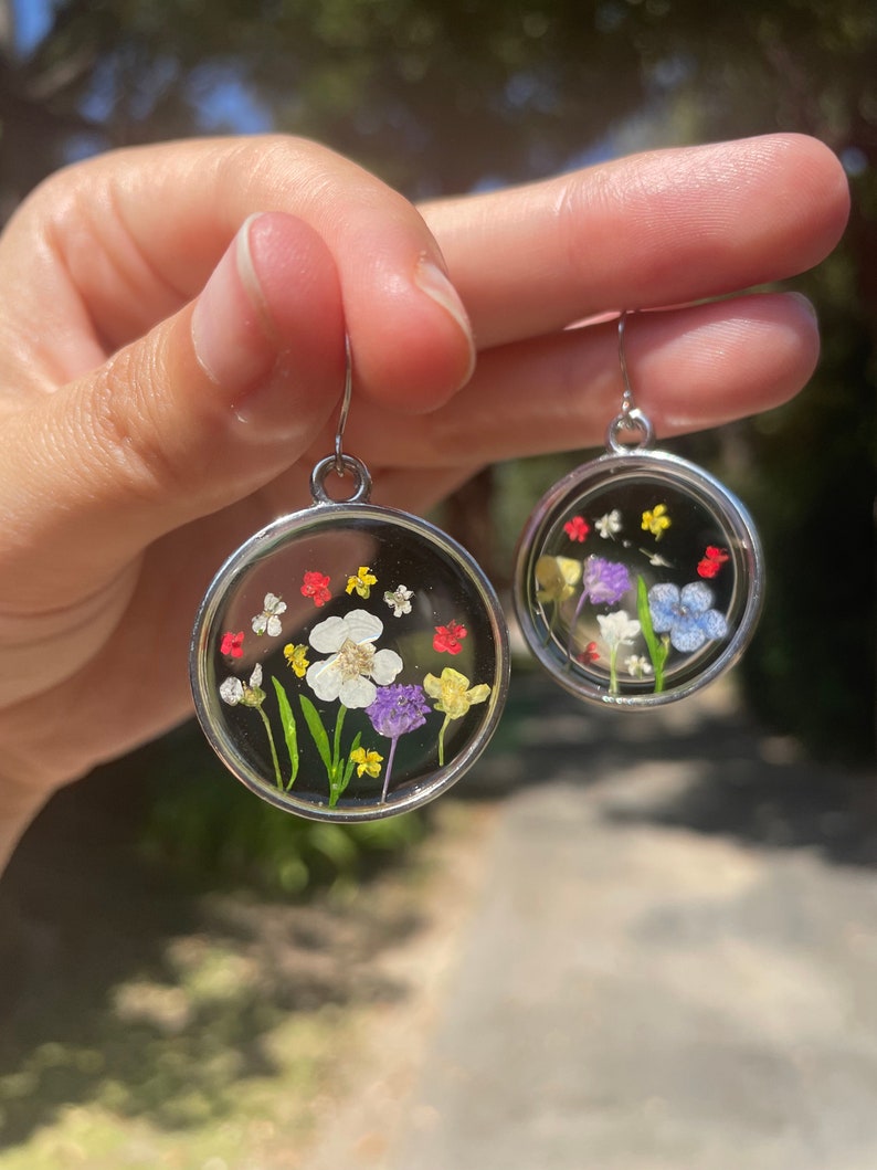 Circle Wildflower Earrings, Sterling Silver, Real Pressed Flowers, Rainbow Flower Arrangement, Lightweight, UV Resin Jewelry, Hypoallergenic image 5