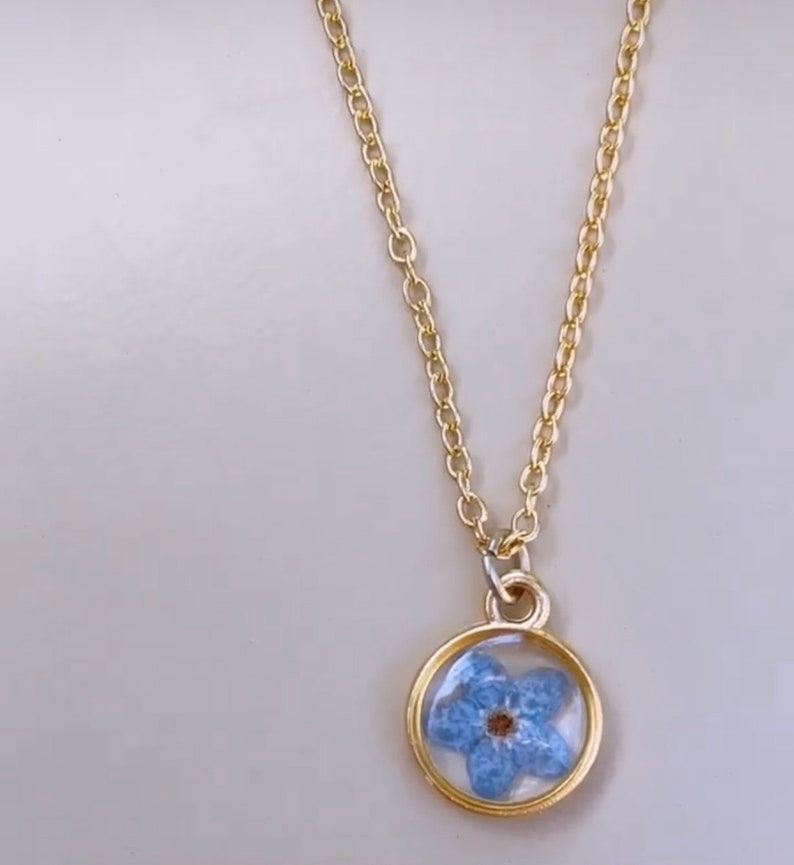 Forget Me Not Necklace, Dainty Circle Frame, Tiny Pendant, Gold Plated Box Chain, Real Pressed Blue Flower, Lightweight, UV Resin Necklace image 4