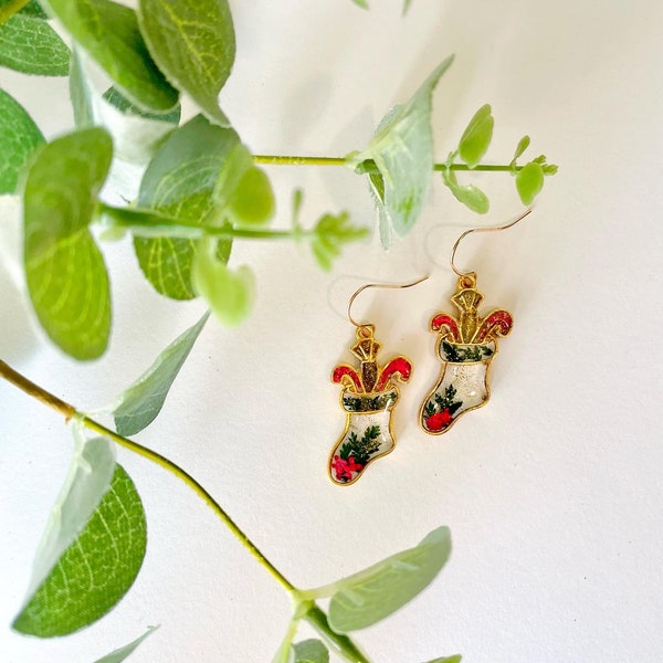 Christmas Earrings, Real Pressed Flowers & Ferns, Gold Sparkles, Gold Plated, Xmas Stockings, Candy Canes, Resin Flower Earrings, Botanical