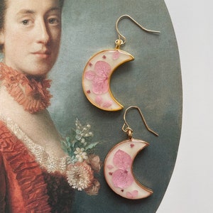 Pink Hydrangea Moon Earrings, White & Pink, Celestial Earrings, Dangle Drop, Gold Plated Ear Wire, UV Resin Jewelry, Feminine Accessories image 5