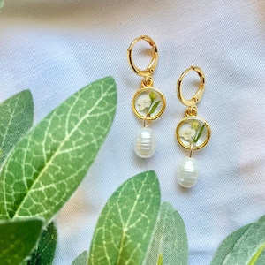 Pressed Wildflower Huggie Earrings, Gold Plated, Pearl Drop
