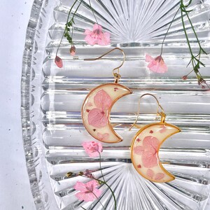 Pink Hydrangea Moon Earrings, White & Pink, Celestial Earrings, Dangle Drop, Gold Plated Ear Wire, UV Resin Jewelry, Feminine Accessories image 2