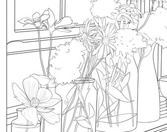 Adult Coloring Page, Instant Download, Printable (PDF, JPG, PNG), Floral Doodle Design, Nature Coloring Sheet, Relaxation and Mindfulness