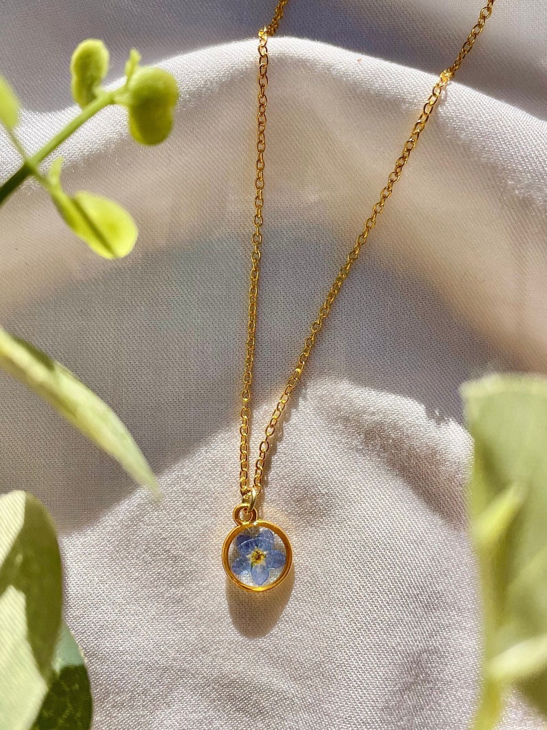 Forget Me Not Necklace, Dainty Circle Frame, Tiny Pendant, Gold Plated Box Chain, Real Pressed Blue Flower, Lightweight, UV Resin Necklace image 1