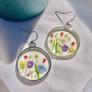 Circle Wildflower Earrings, Sterling Silver, Real Pressed Flowers, Rainbow Flower Arrangement, Lightweight, UV Resin Jewelry, Hypoallergenic image 3