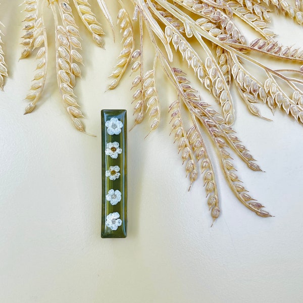 Olive Green Barrette w/ White Wildflowers, Real Pressed Flower Hair Clip, Gold Metal Base, UV Resin, Floral Hair Accessory