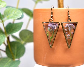 Pressed Purple Flower Triangle Earrings, Bronze Resin Jewelry