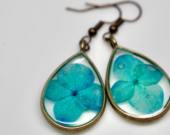 Pressed Flower Earrings, Teardrop Flower Earrings, Real Pressed Flowers, Resin Flower Earrings, Hydrangea Earrings, Flower Jewelry, Blue