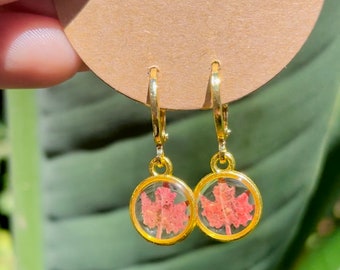 Mini Fall Colored Leaf Earrings, Huggy Hoop Closure, Gold Plated Dangles, Lightweight, Maple Leaves, Autumnal Accessory, Botanical Jewlery