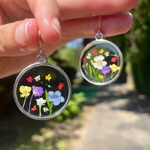 Circle Wildflower Earrings, Sterling Silver, Real Pressed Flowers, Rainbow Flower Arrangement, Lightweight, UV Resin Jewelry, Hypoallergenic image 4