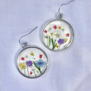 Circle Wildflower Earrings, Sterling Silver, Real Pressed Flowers, Rainbow Flower Arrangement, Lightweight, UV Resin Jewelry, Hypoallergenic image 6