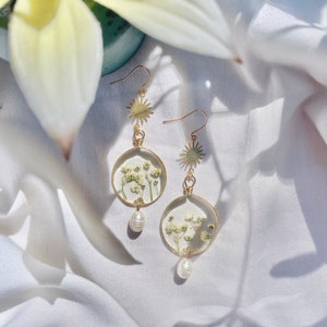 Floral Earrings, Gold Star, Leather Natural Pearl, Real Pressed Flowers, White Baby's Breath, Gold Plated Ear Hooks, Lightweight, UV Resin image 1