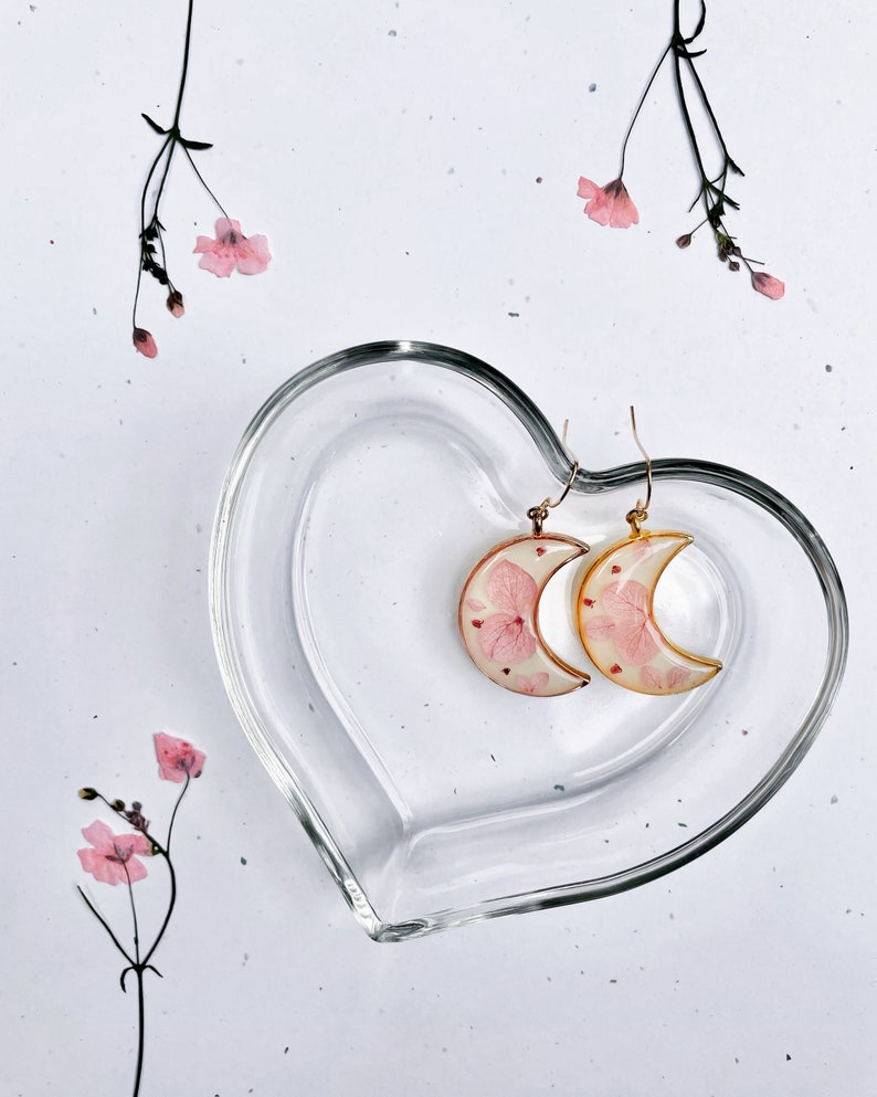 Pink Hydrangea Moon Earrings, White & Pink, Celestial Earrings, Dangle Drop, Gold Plated Ear Wire, UV Resin Jewelry, Feminine Accessories image 1