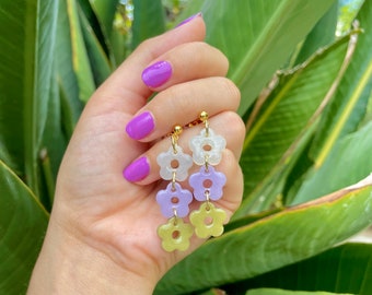 Long Flower Drop Earrings, Three Flower Links, White, Purple, Olive, Resin Flower Earrings, Gold Plated Push Backs, Lightweight, Colorful